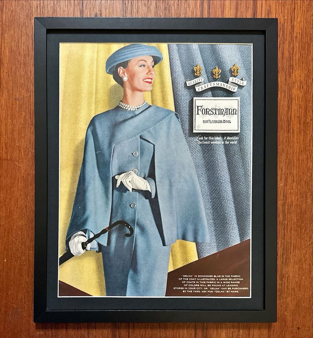 Framed 1956 Vintage Ad Forstmann 100% Virgin Wool Retro Fashion Suit Hat